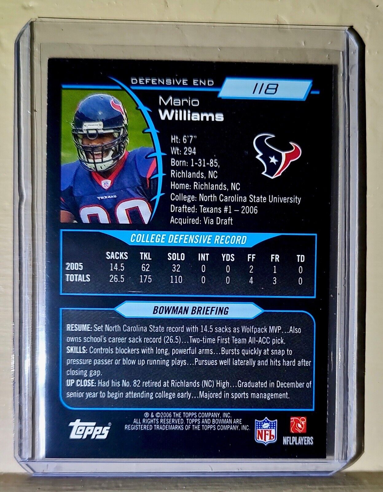 Mario Williams 2006 Topps Bowman Rookie Football #118 NFL Card Texans