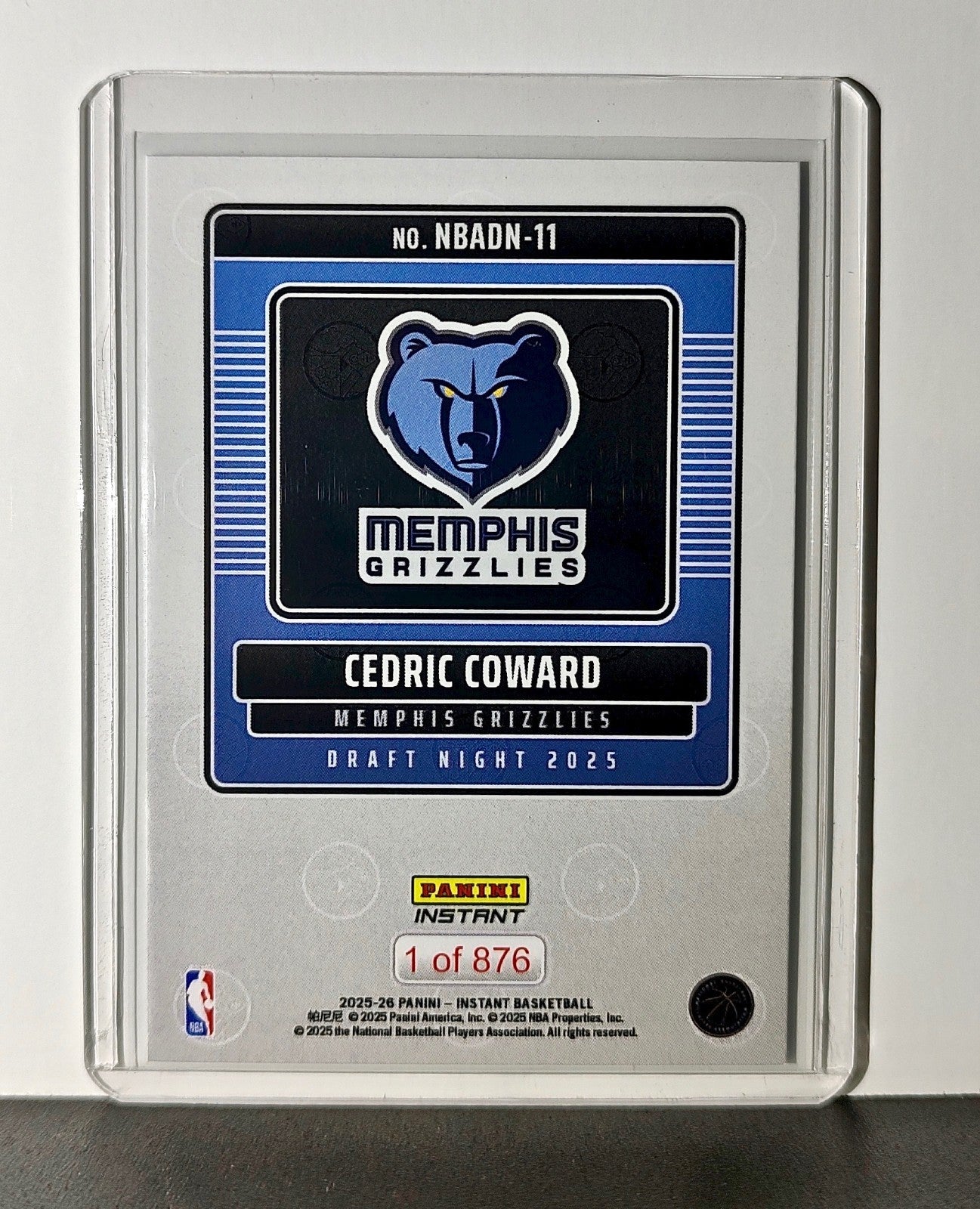 Cedric Coward Rookie 2025-26 Panini NBA #11 Draft Night Card Memphis Grizzlies