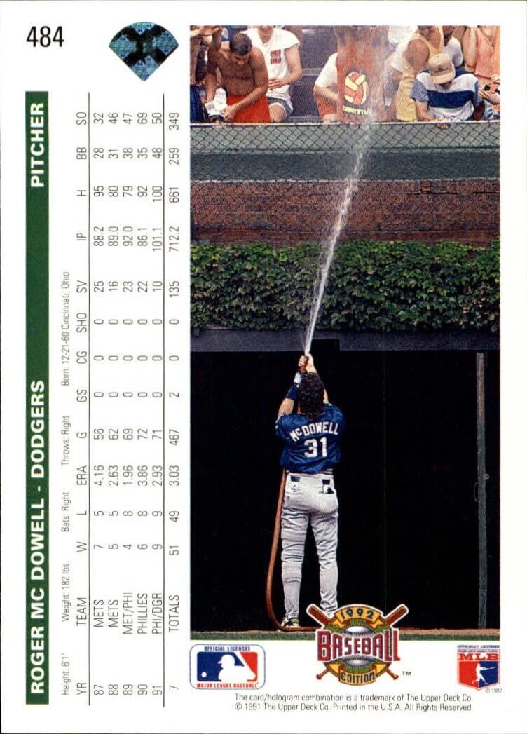 Roger McDowell 1992 Upper Deck MLB #484 Baseball Card Los Angeles Dodgers