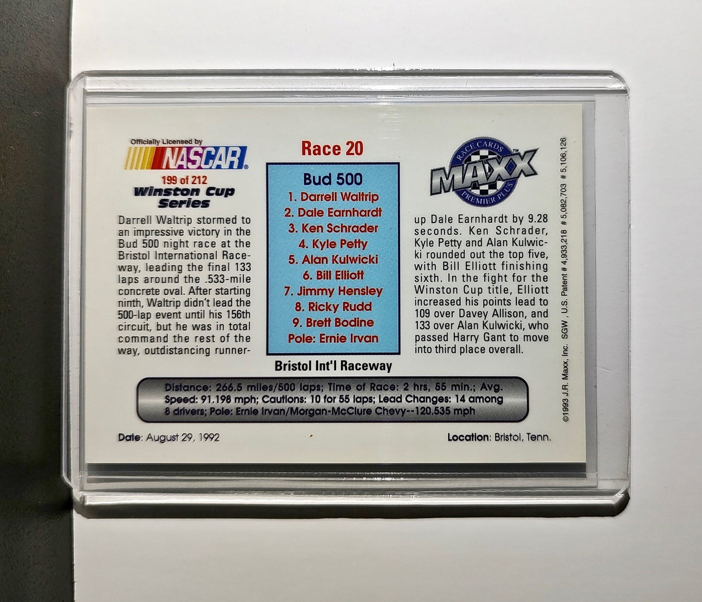 Race 20 Bristol YR 1993 Maxx Premier Plus Racing #199 NASCAR Card DARWAL Inc.