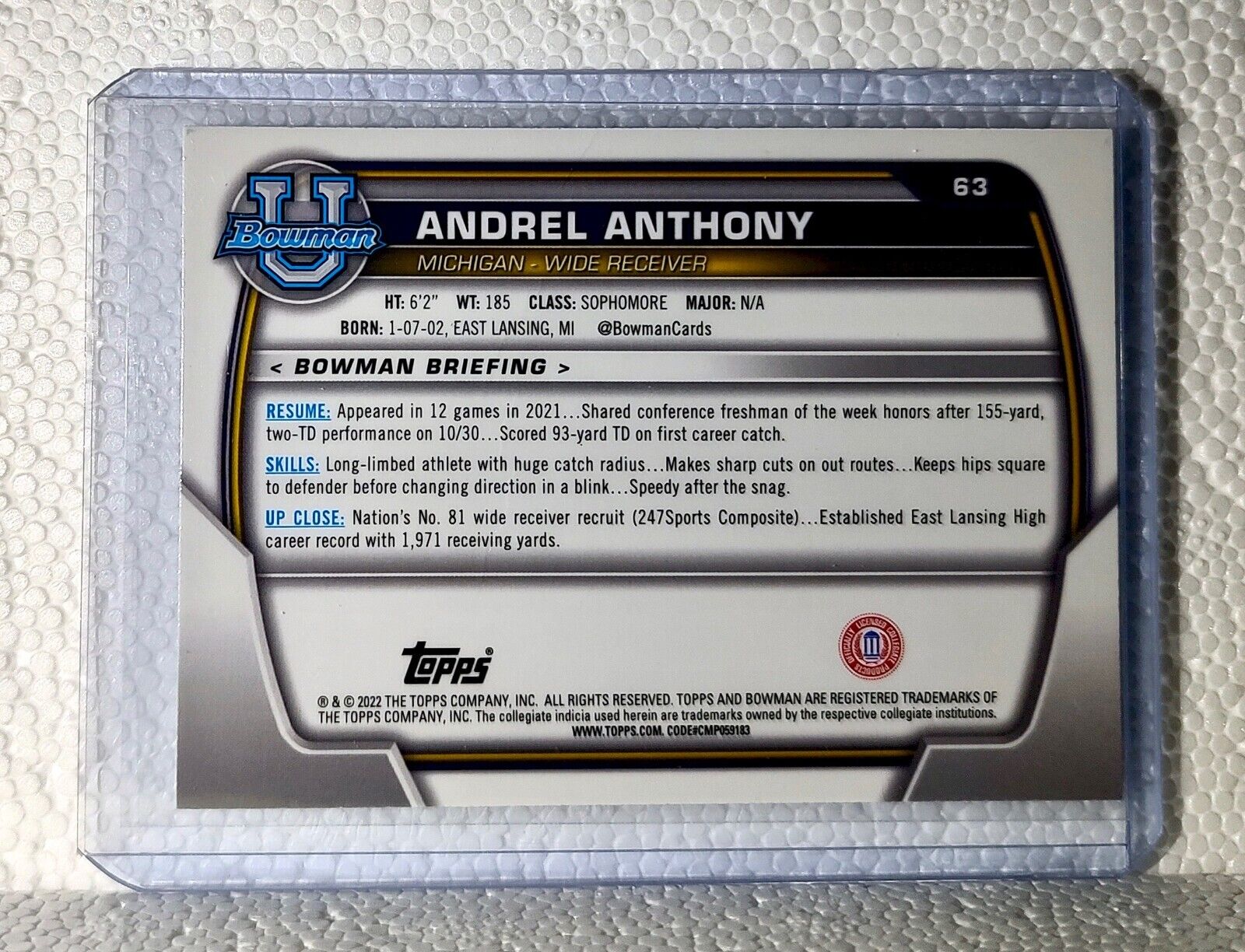 Andrel Anthony 2022 Topps 1st Bowman U Football #63 Card Michigan