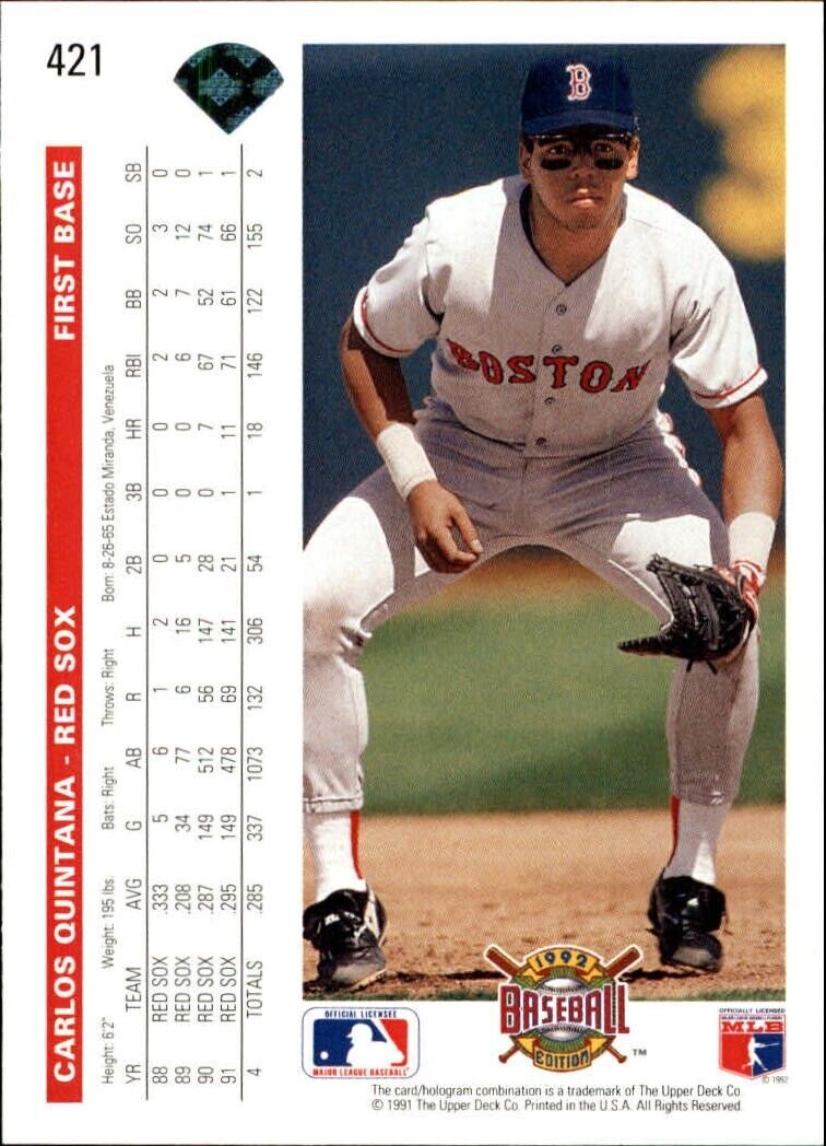 Carlos Quintana 1992 Upper Deck MLB #421 Baseball Card Boston Red Sox