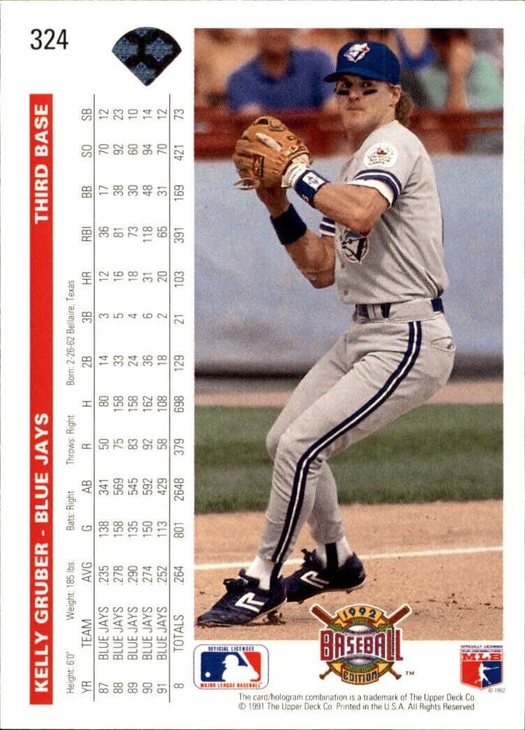 Kelly Gruber 1992 Upper Deck MLB #324 Baseball Card Toronto Blue Jays