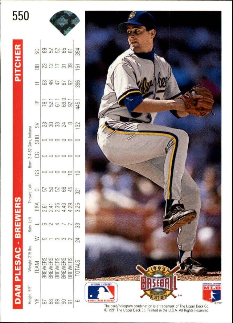 Dan Plesac 1992 Upper Deck MLB #550 Baseball Card Milwaukee Brewers