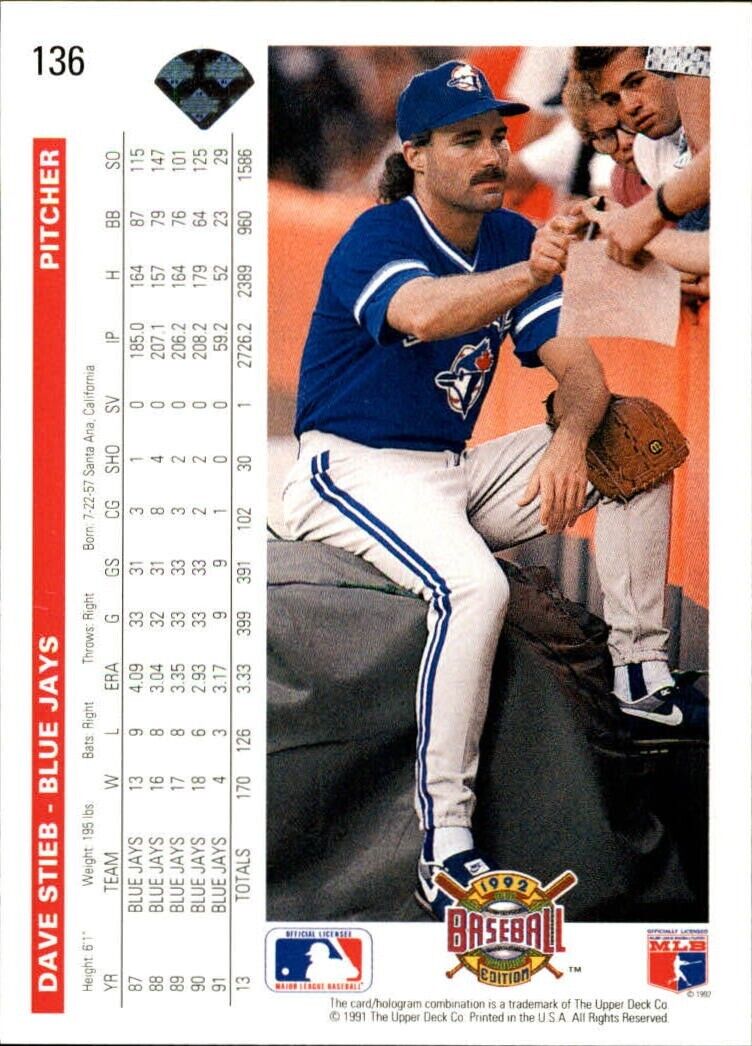 Dave Stieb 1992 Upper Deck MLB #136 Baseball Card Toronto Blue Jays