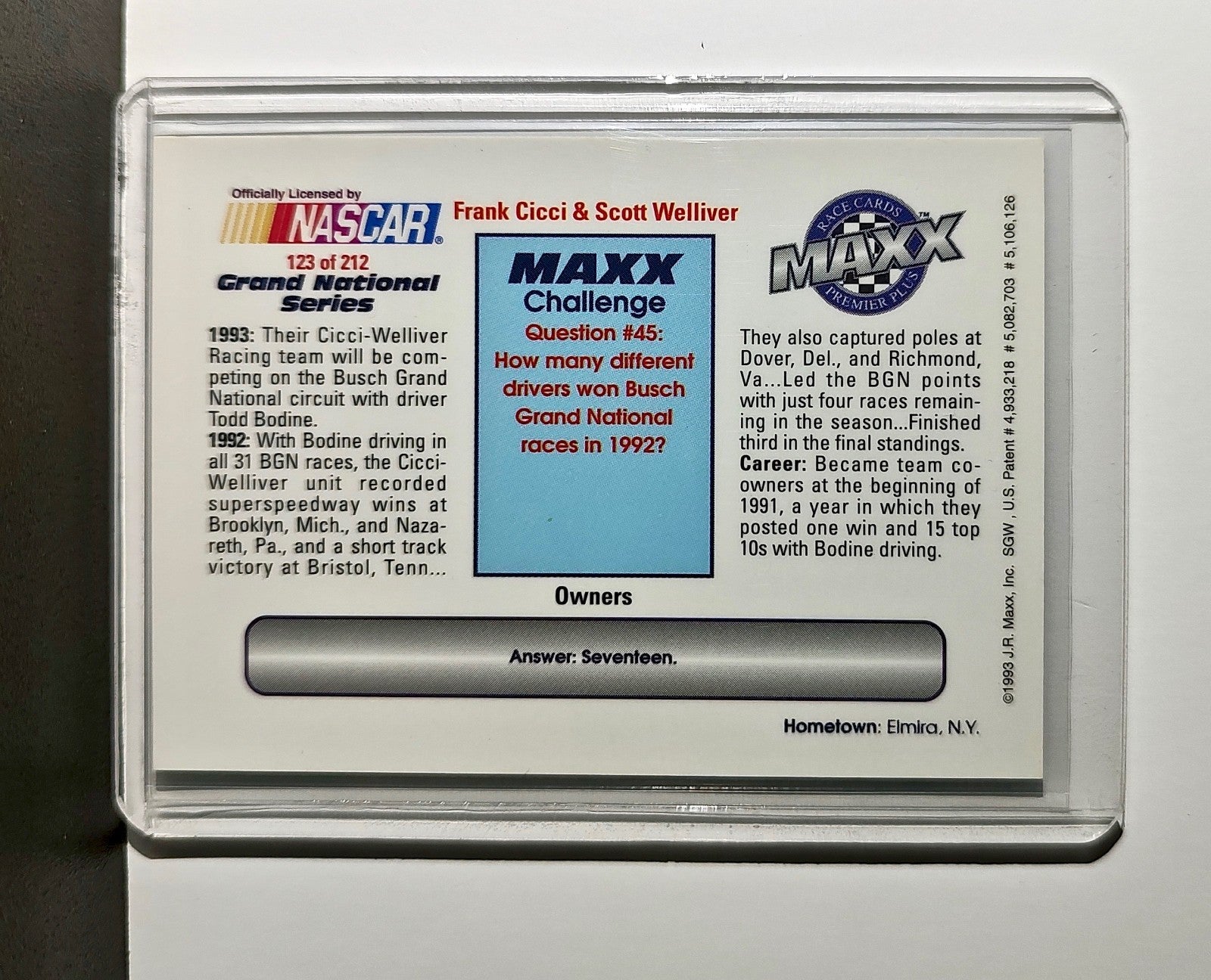 Frank Cicci / Scott Welliver 1993 Maxx Premier Plus Racing #123 NASCAR Card