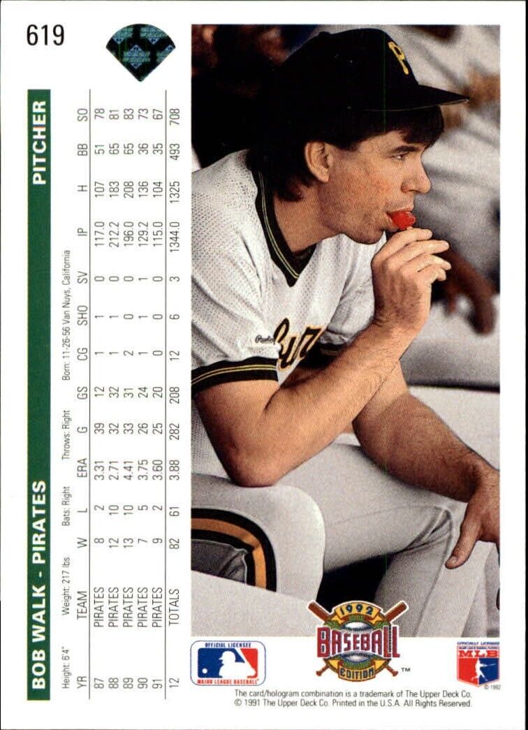 Bob Walk 1992 Upper Deck MLB #619 Baseball Card Pittsburgh Pirates