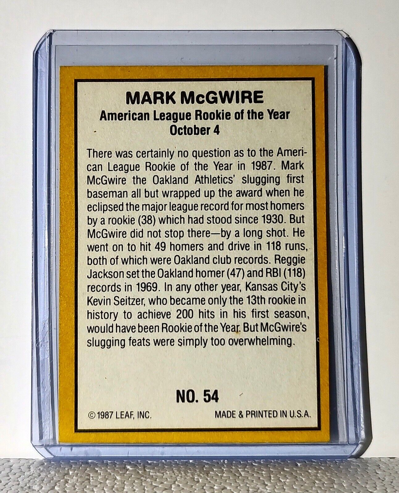 Mark McGwire 1987 Donruss MLB #54 Baseball Card Oakland Athletics