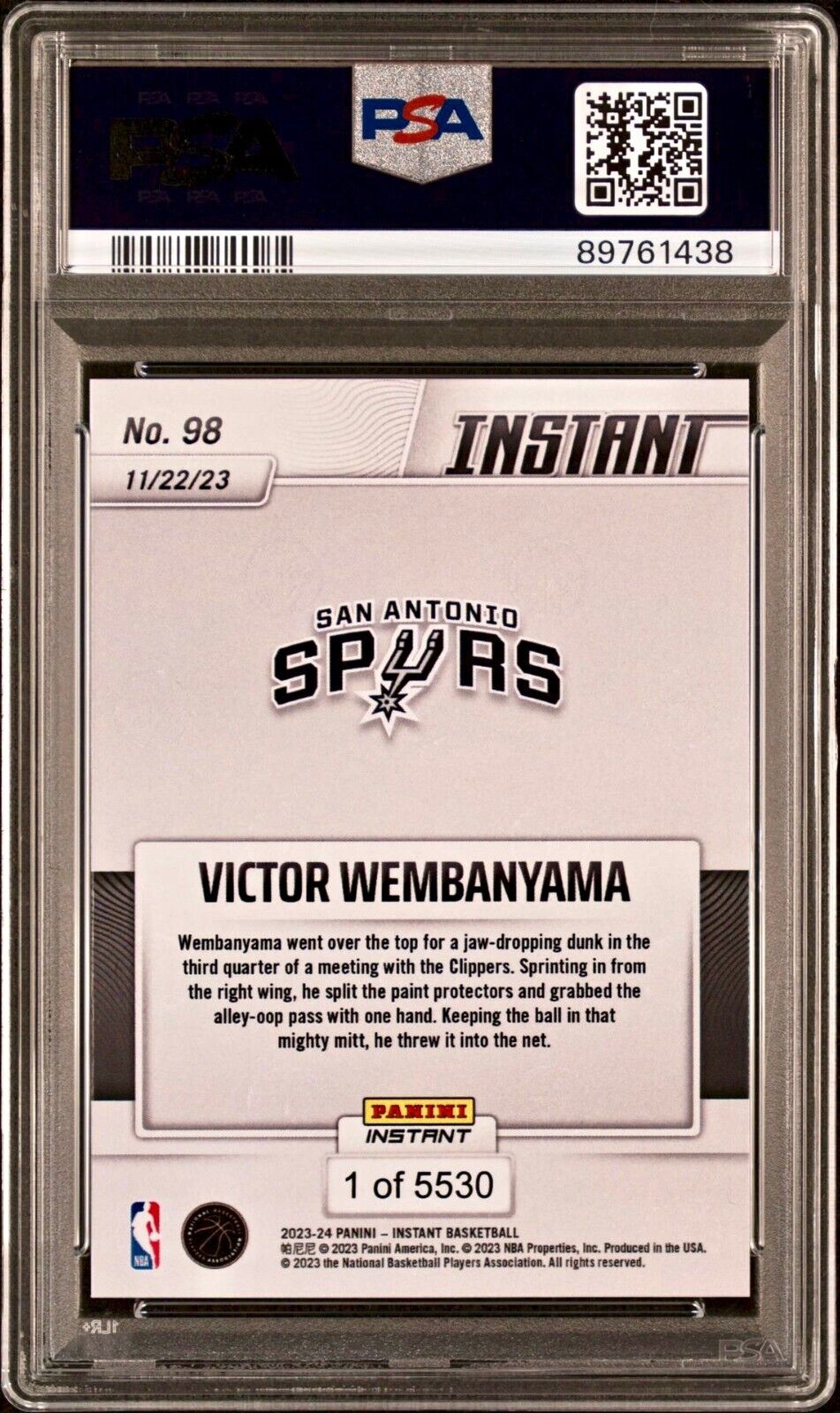 Victor Wembanyama 2023-24 Panini #98 NBA Rookie Card 1 of 5530 PSA 8 Near-Mint