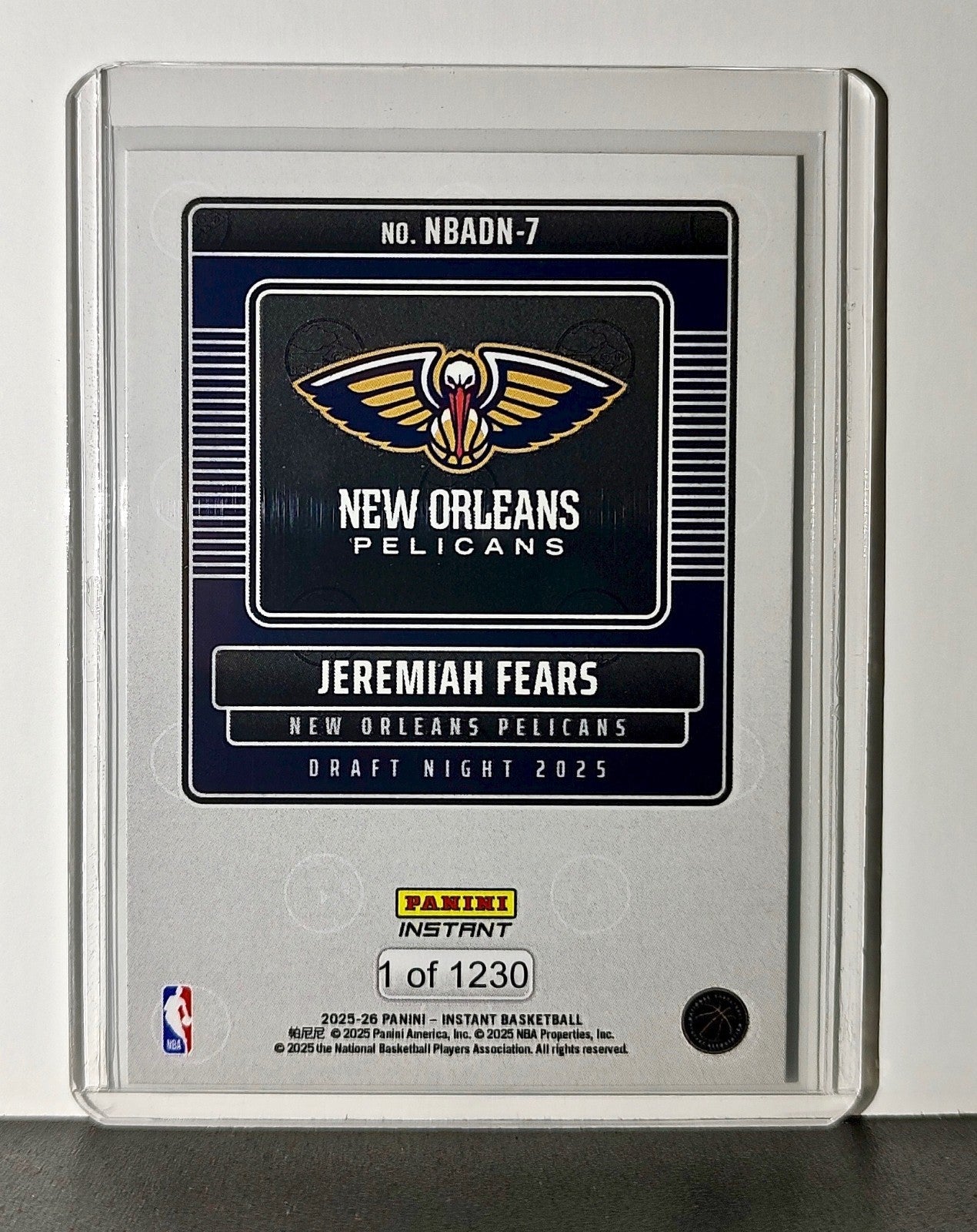 Jeremiah Fears Rookie 2025-26 Panini NBA #7 Draft Night New Orleans Pelicans