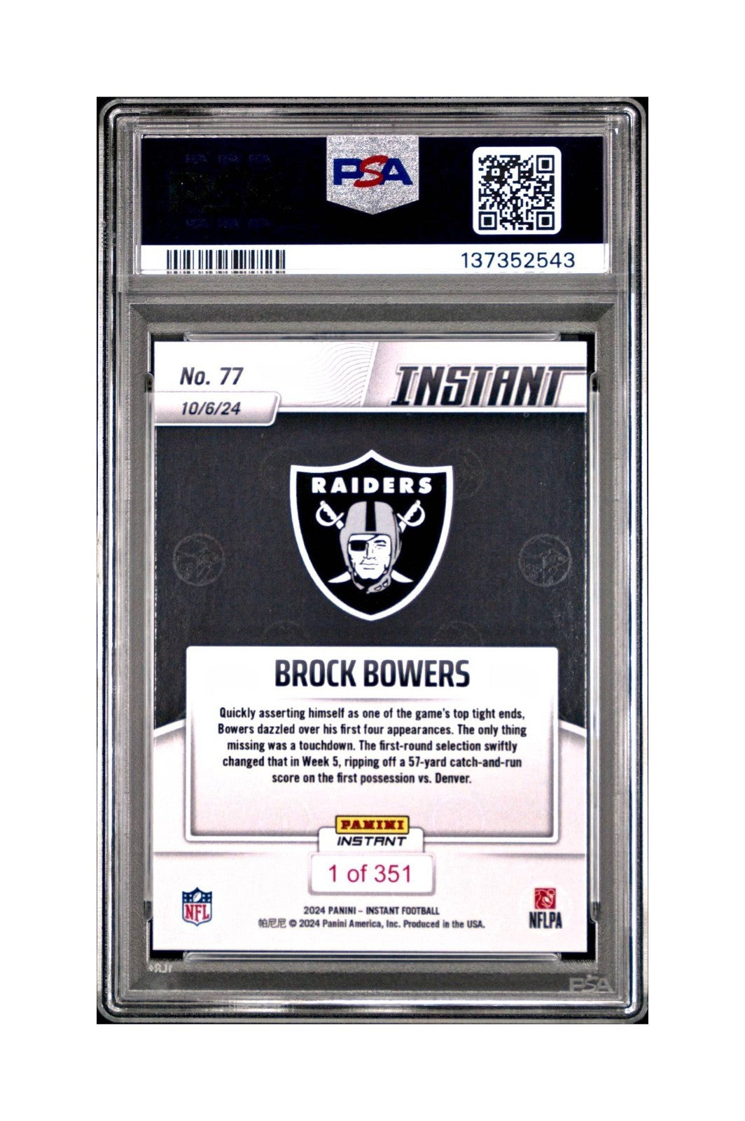 Brock Bowers Rookie 2024 Panini Instant NFL #77 PSA 8 NM-MT