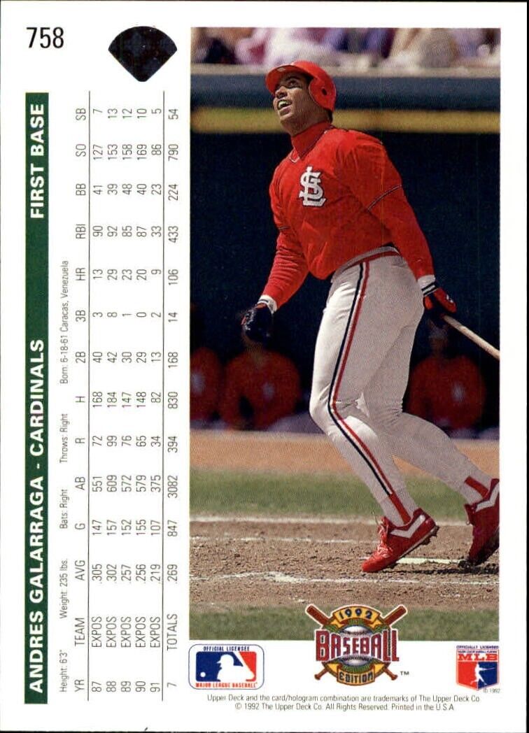 Andres Galarraga 1992 Upper Deck MLB #758 Baseball Card St. Louis Cardinals