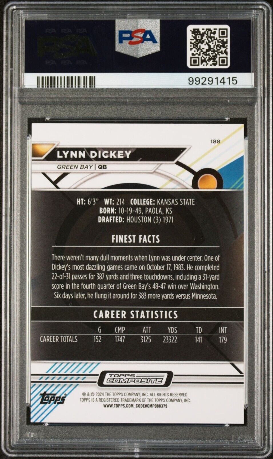 Lynn Dickey 2023 Topps Finest NFL #188 Gold Refractor 20/50 Card PSA 10 Gem Mint