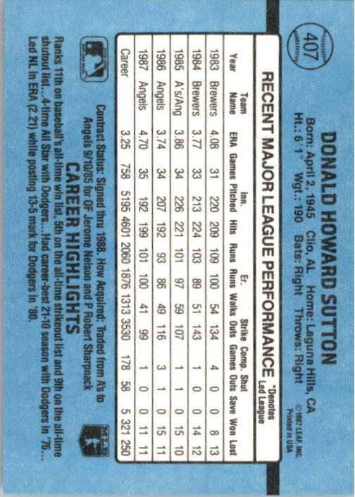 1988 Don Sutton Donruss Baseball Card #407