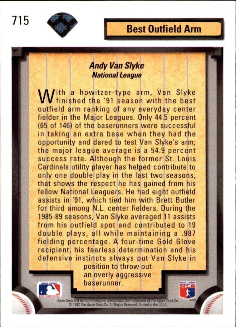 Andy Van Slyke 1992 Upper Deck MLB #715 Diamond Skills Baseball Card Pirates