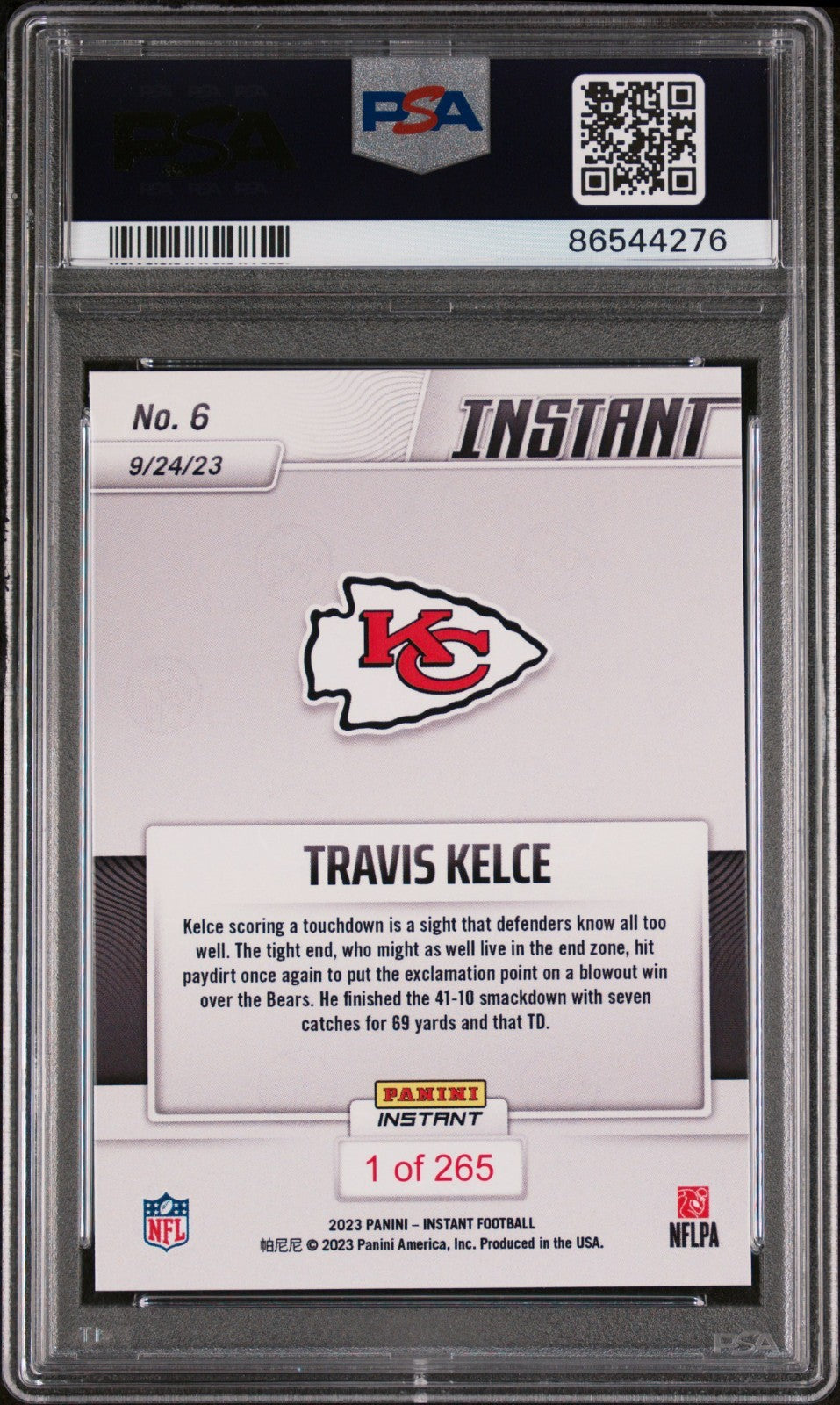Travis Kelce 2023 Panini NFL Rookie #6 Card 1 of 265 KC Chiefs PSA 9 Mint