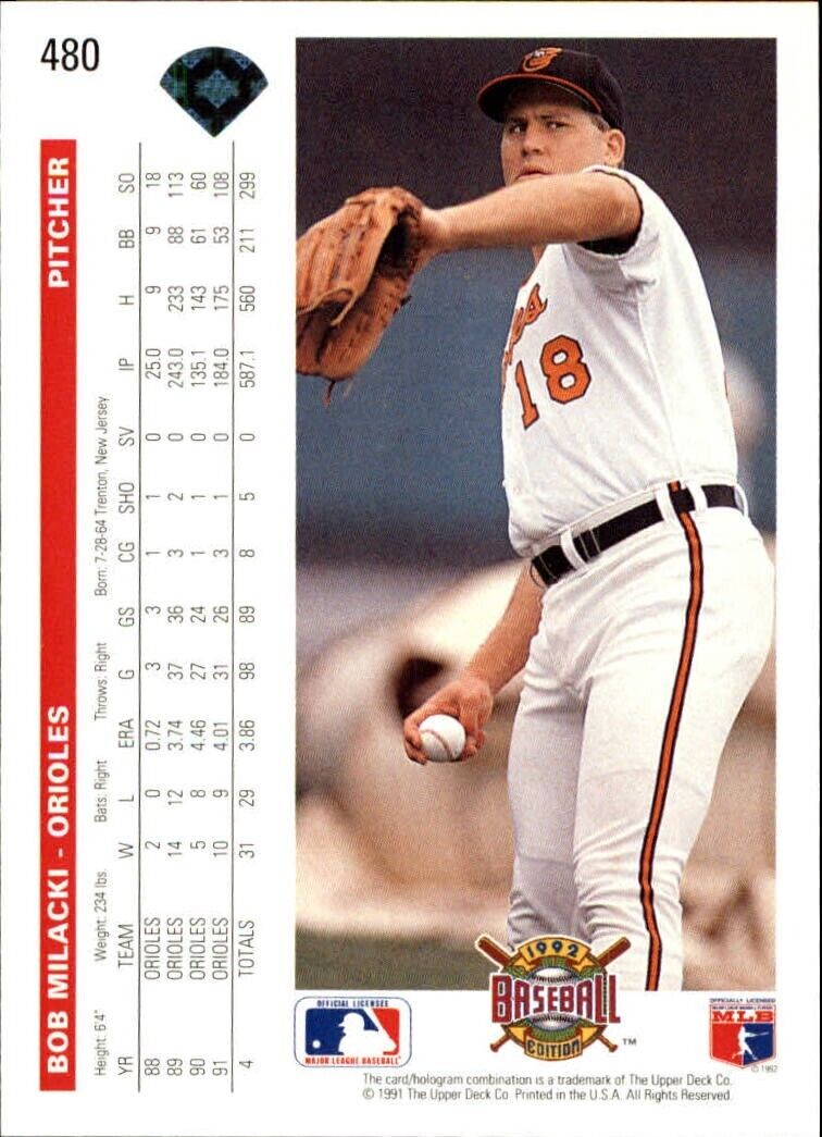 Bob Milacki 1992 Upper Deck MLB #480 Baseball Card Baltimore Orioles