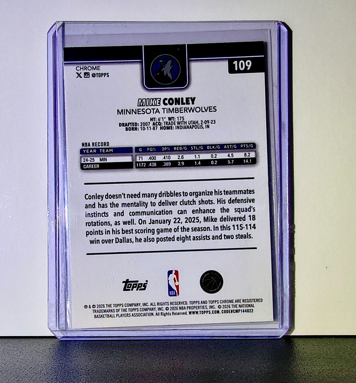 Mike Conley 2025-26 NBA Topps Chrome Update #109 Card Minnesota Timberwolves