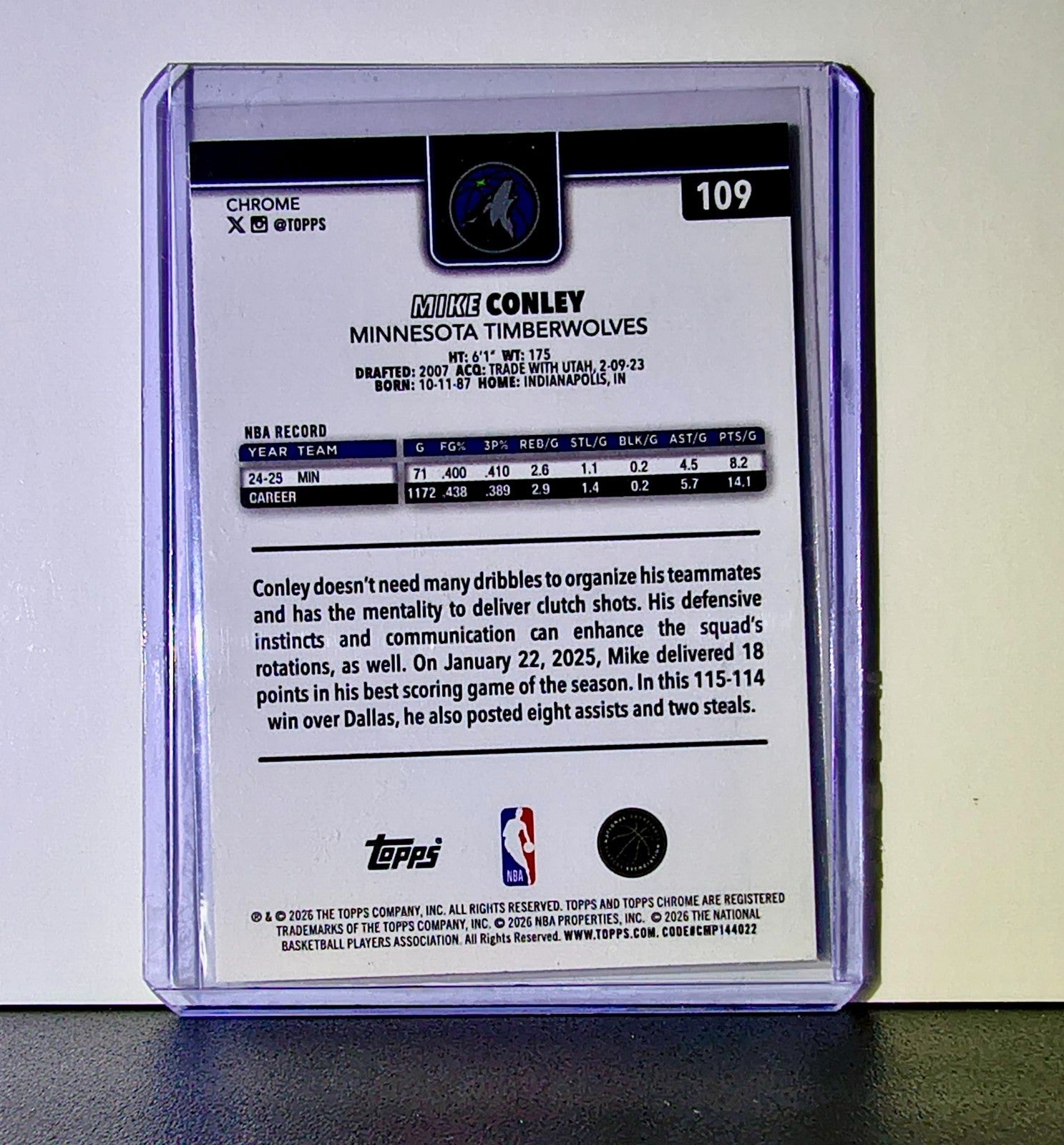 Mike Conley 2025-26 NBA Topps Chrome Update #109 Card Minnesota Timberwolves