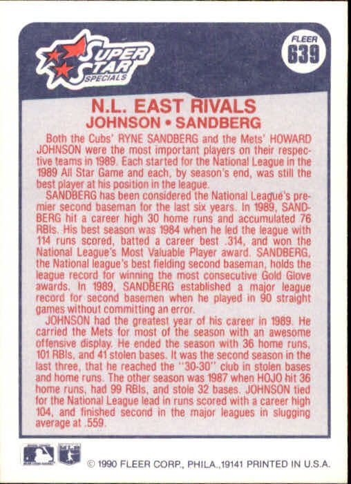 1990 Howard Johnson / Ryne Sandberg Fleer Baseball Card #639