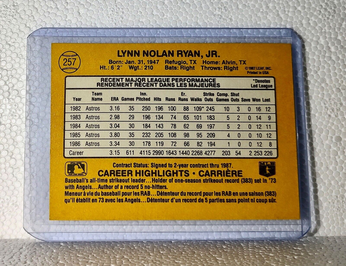 Nolan Ryan 1987 Leaf MLB #257 Baseball Card Houston Astros