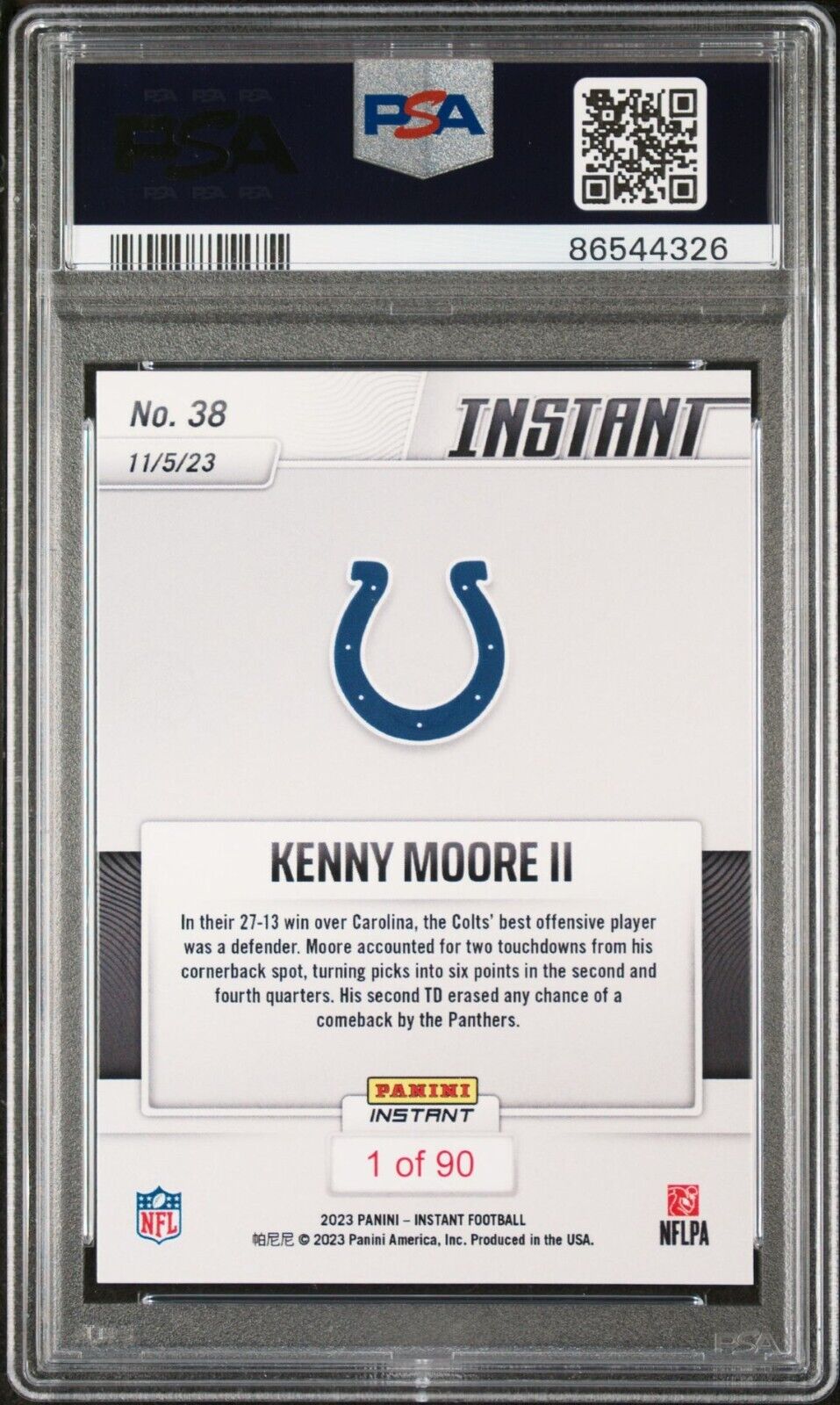 Kenny Moore II 2023 Panini NFL Football #38 Card 1 of 90 Colts PSA 9 Mint