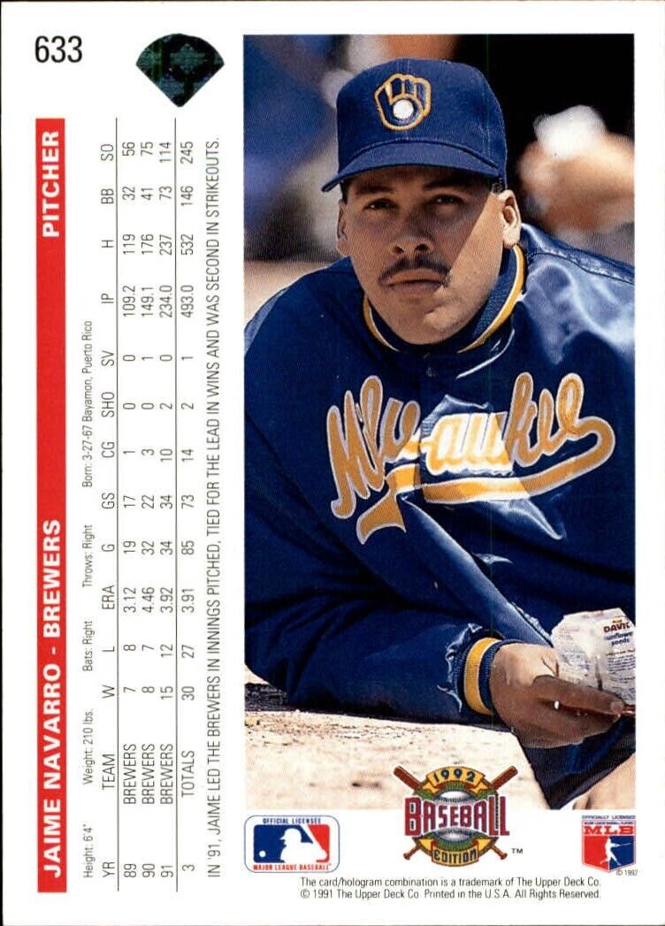 Jaime Navarro 1992 Upper Deck MLB #633 Baseball Card Milwaukee Brewers