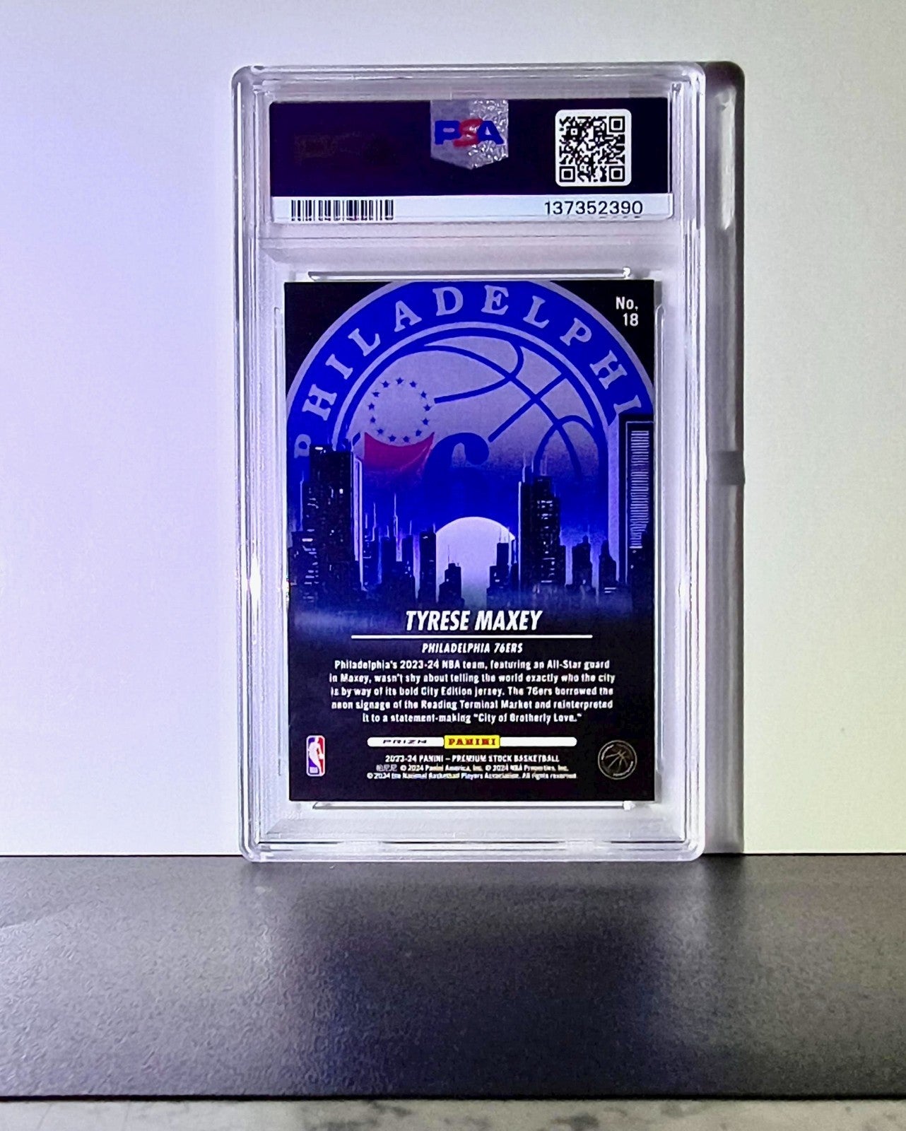 Tyrese Maxey 2023 NBA Panini Hoops Premium #18 City Edition Disco Prizm PSA 8