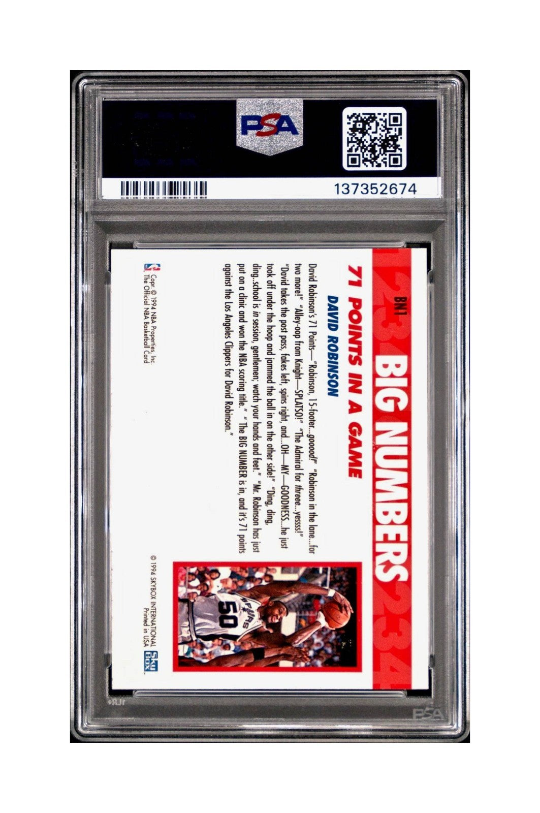 David Robinson 1994 NBA Hoops Big Numbers #BN1 Rainbow PSA 9 Mint