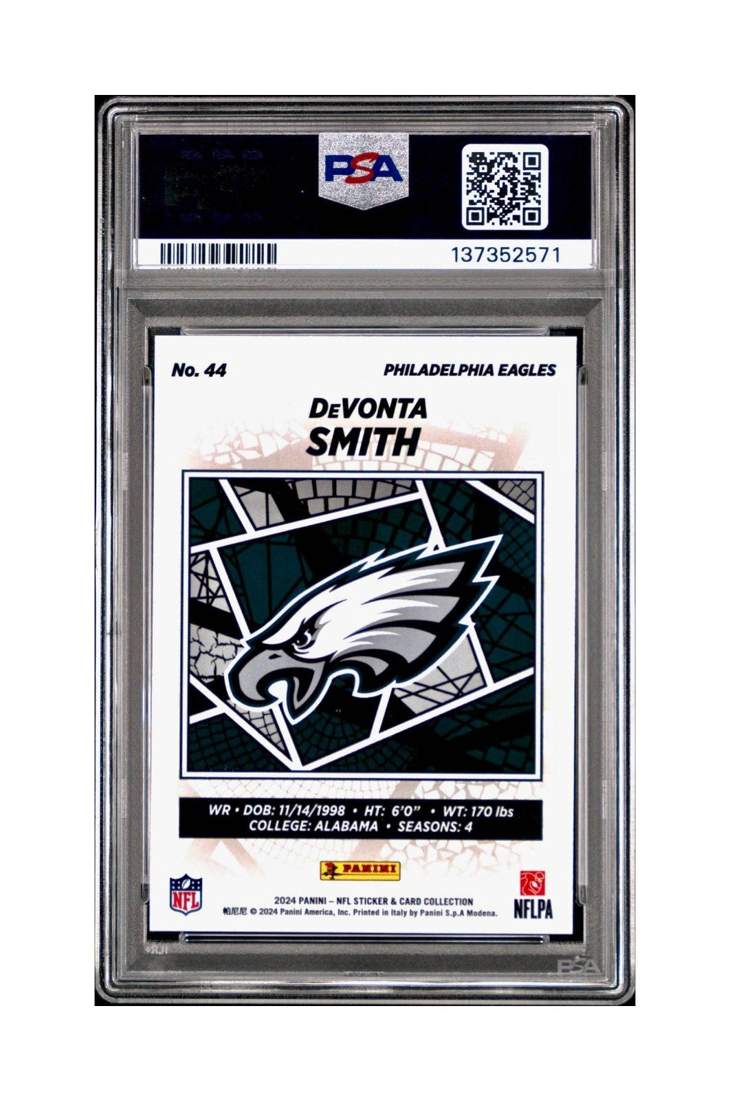 DeVonta Smith 2024 Panini Sticker Collection 048/299 #44 Red Foil PSA 9 Mint