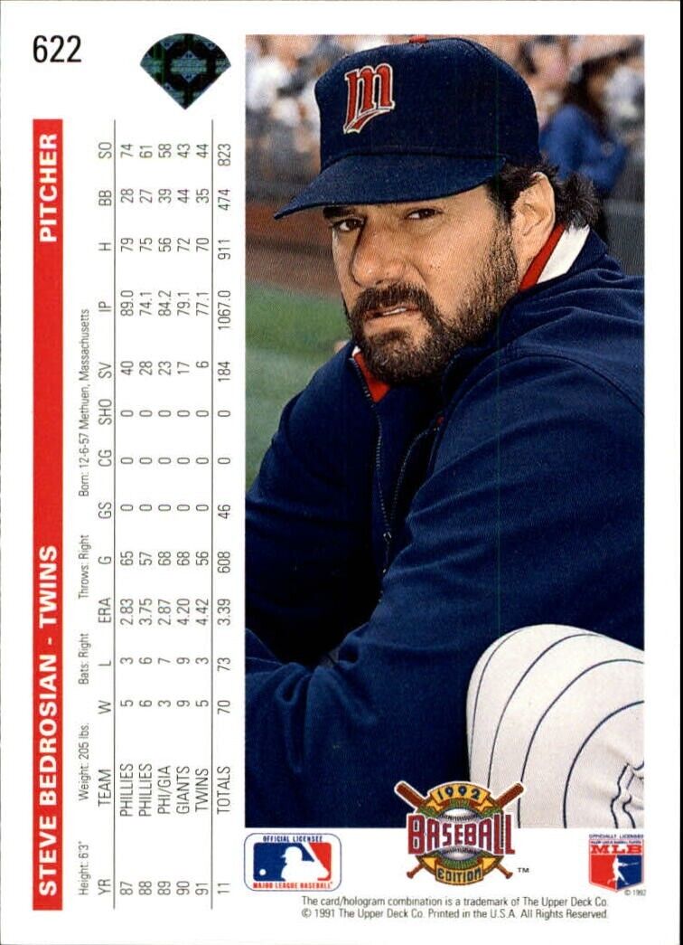 Steve Bedrosian 1992 Upper Deck MLB #622 Baseball Card Minnesota Twins