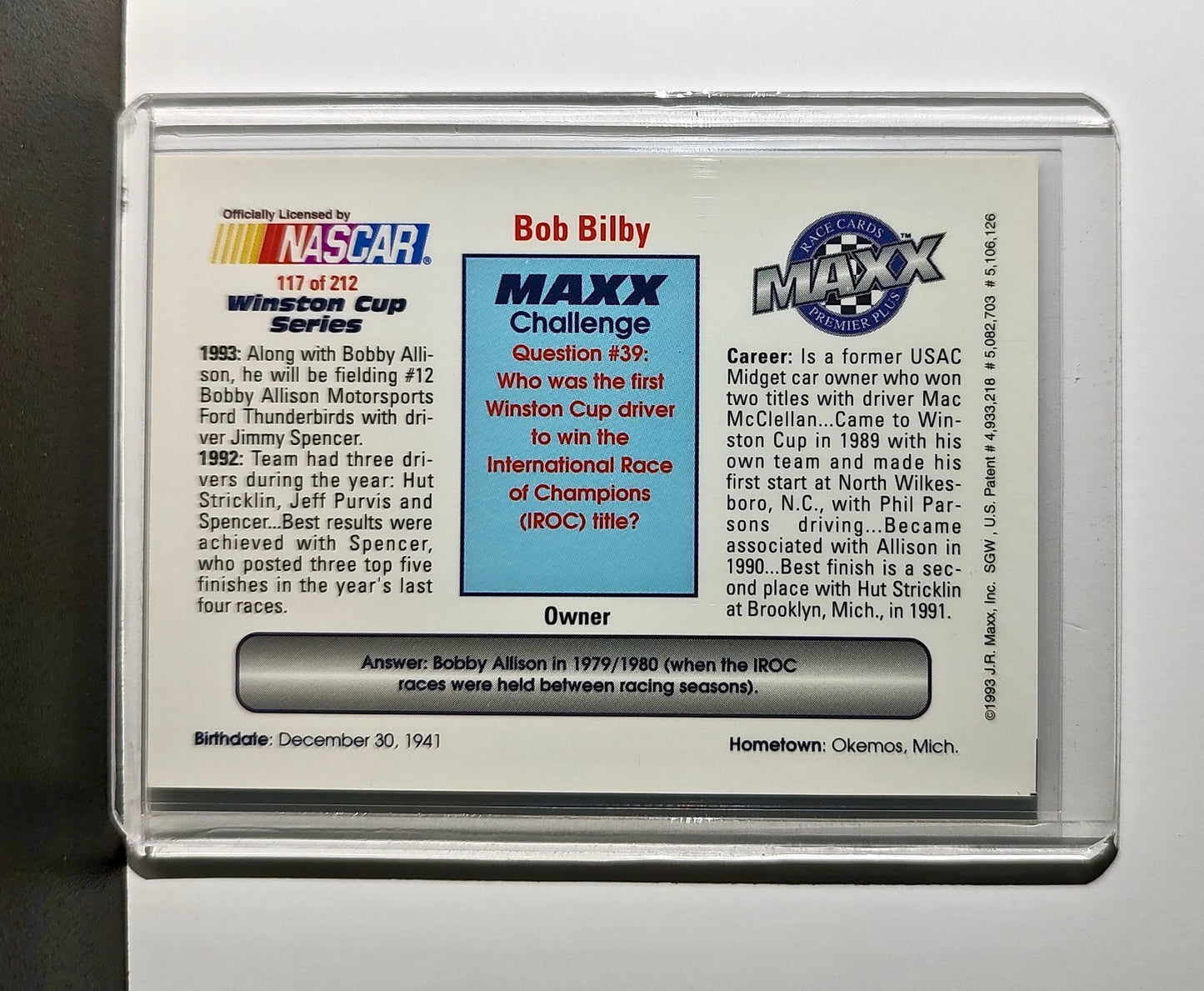 Bob Bilby 1993 Maxx Premier Plus Racing #117 NASCAR Card Bobby Allison Racing