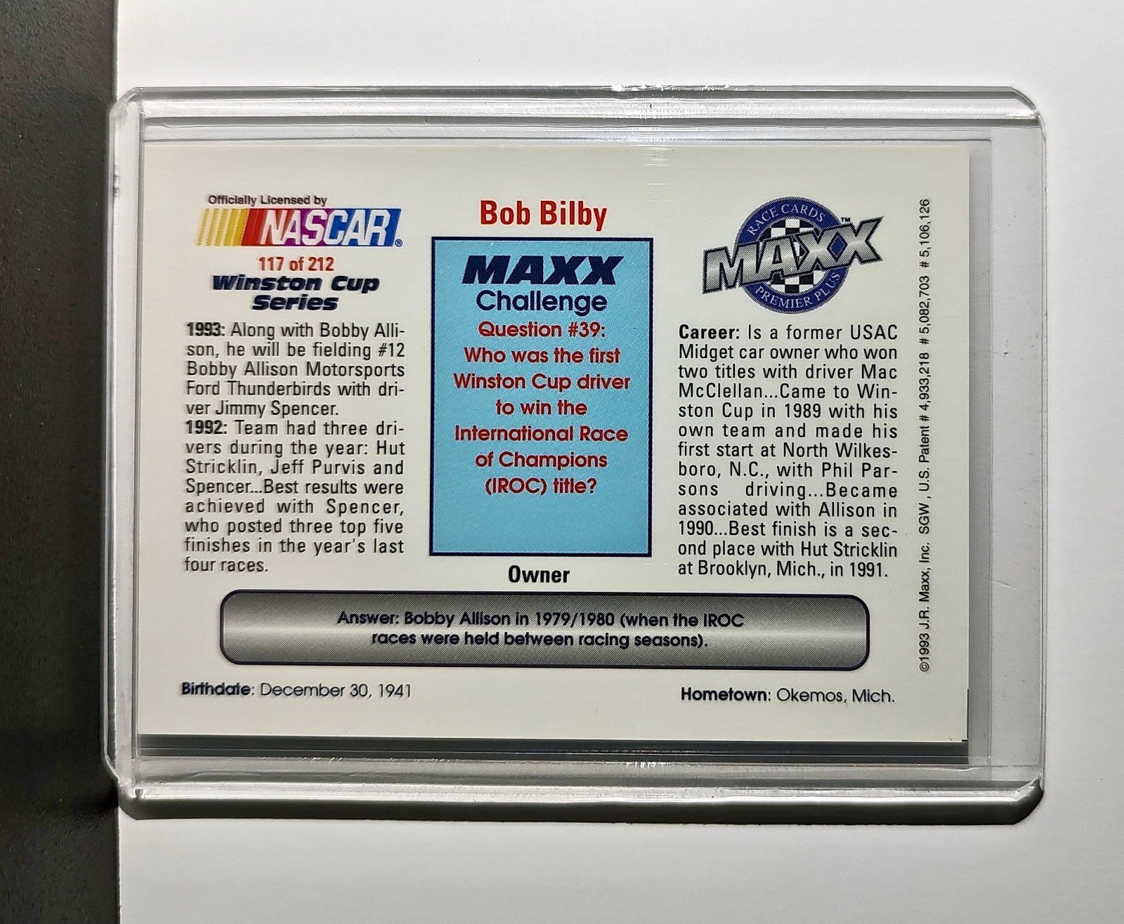 Bob Bilby 1993 Maxx Premier Plus Racing #117 NASCAR Card Bobby Allison Racing