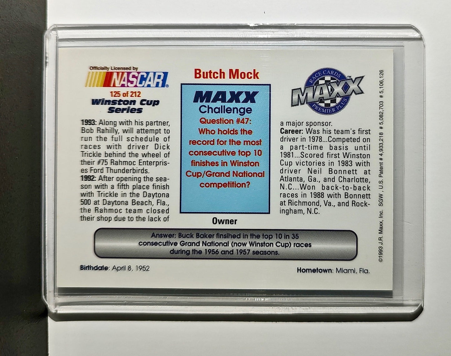 Butch Mock 1993 Maxx Premier Plus Racing #125 NASCAR Card RahMoc Enterprises