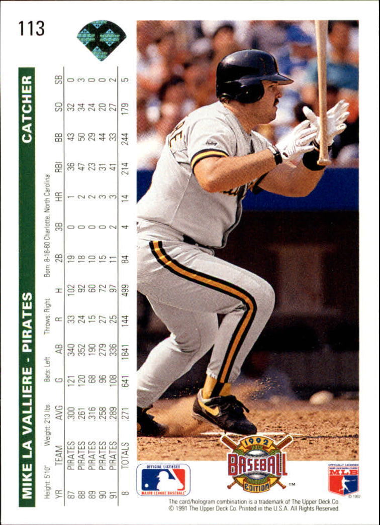 Mike LaValliere 1992 Upper Deck MLB #113 Baseball Card Pittsburgh Pirates