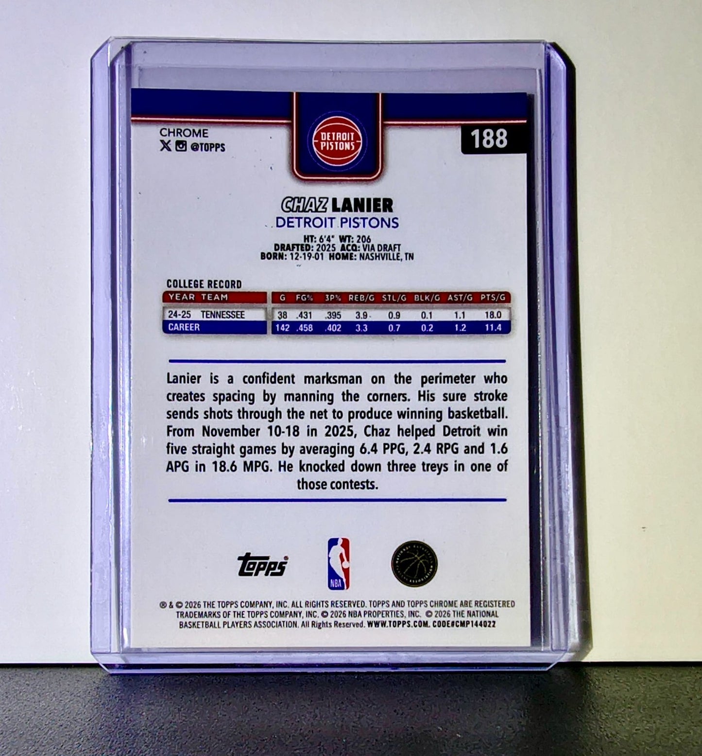 Chaz Lanier Rookie 2025-26 NBA Topps Chrome Update #188 Card Detroit Pistons