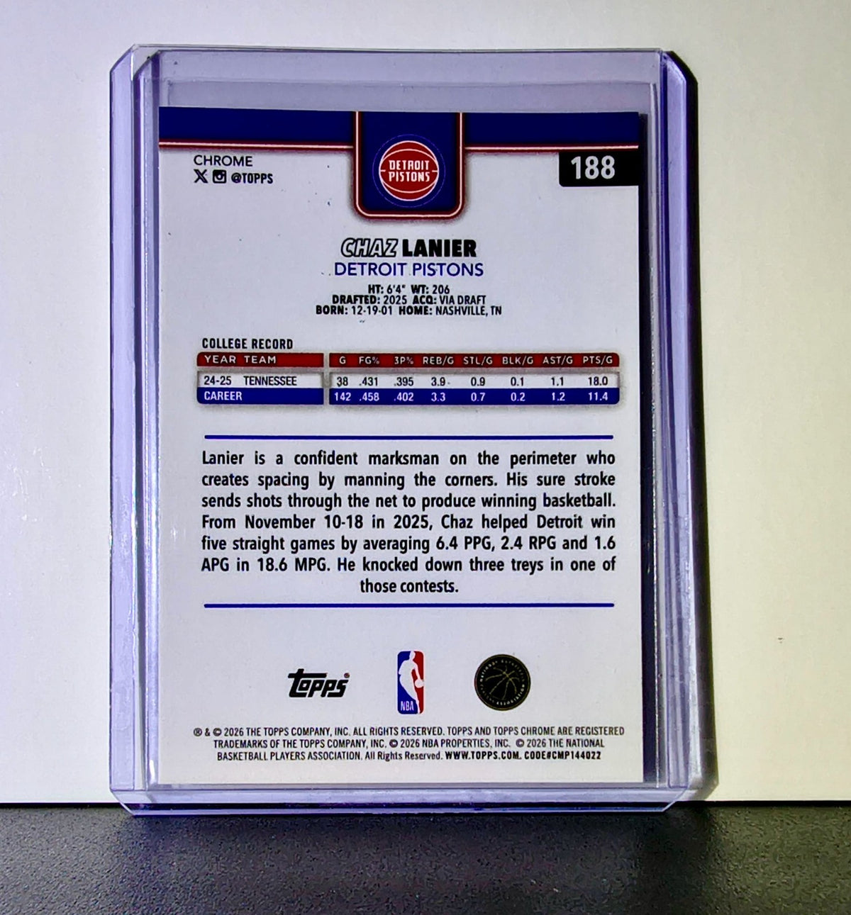 Chaz Lanier Rookie 2025-26 NBA Topps Chrome Update #188 Card Detroit Pistons