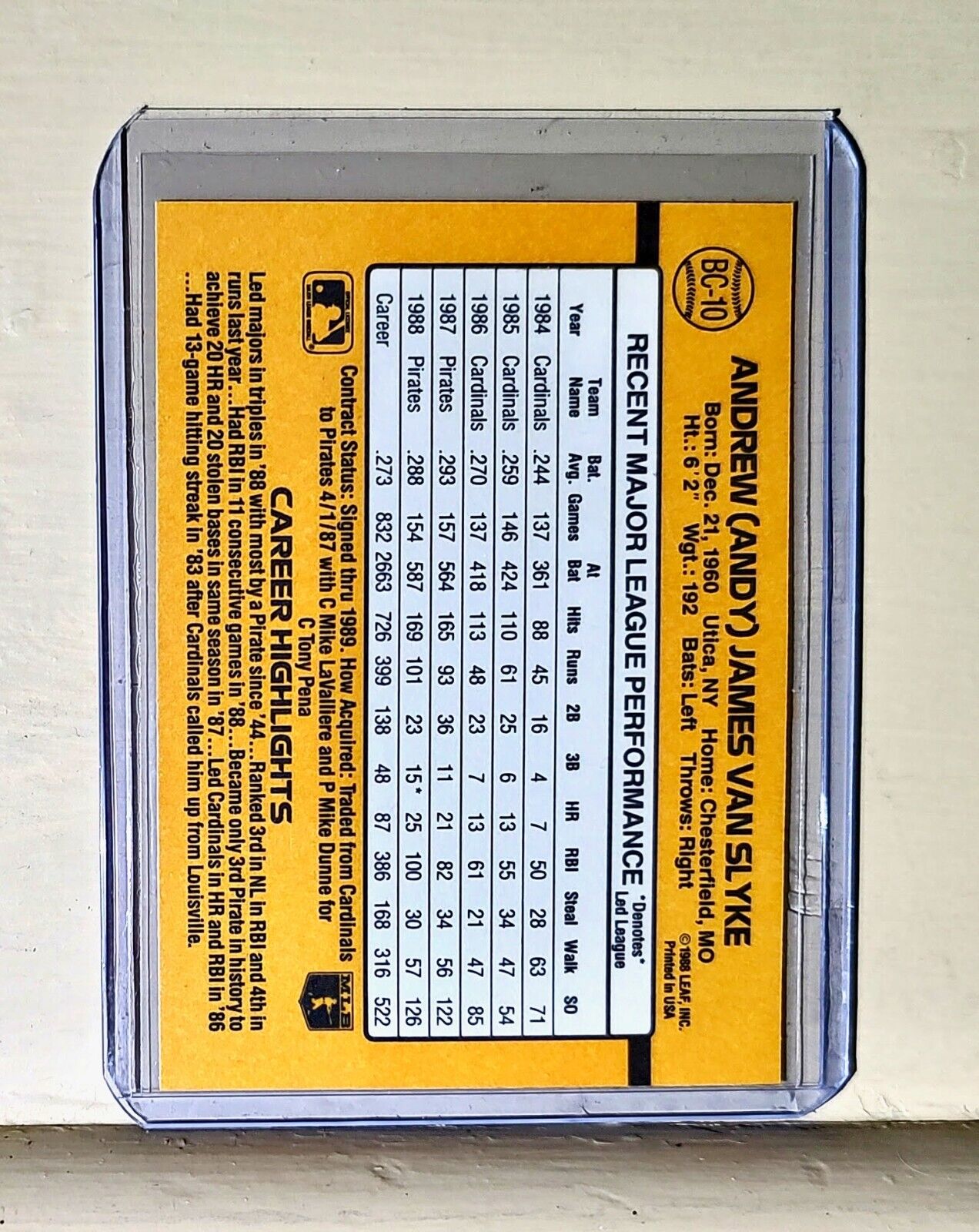 1989 Andy Van Slyke Donruss Baseball Card #BC-10