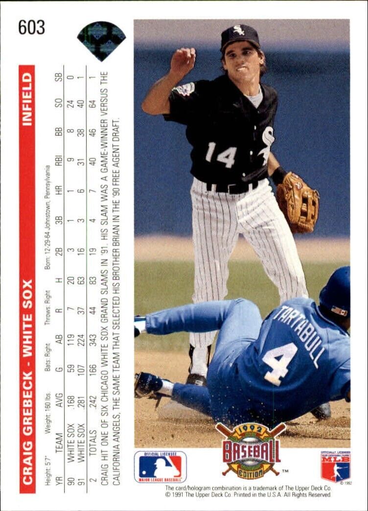 Craig Grebeck 1992 Upper Deck MLB #603 Baseball Card Chicago White Sox