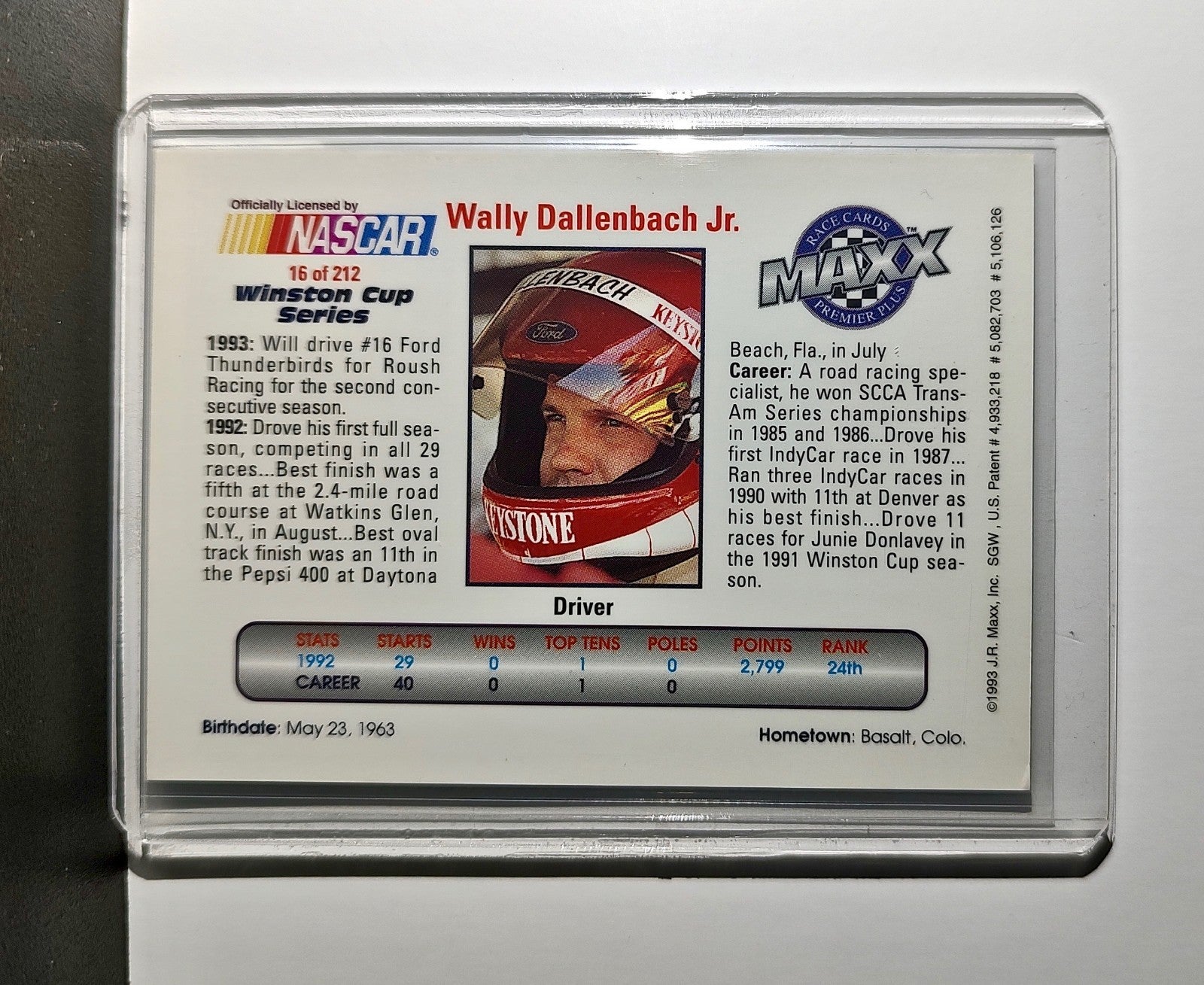 Wally Dallenbach Jr. 1993 Maxx Premier Plus Racing #16 NASCAR Card Roush Racing
