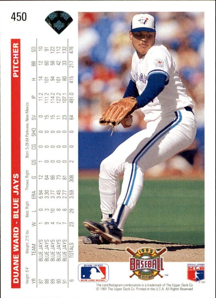 Duane Ward 1992 Upper Deck MLB #450 Baseball Card Toronto Blue Jays