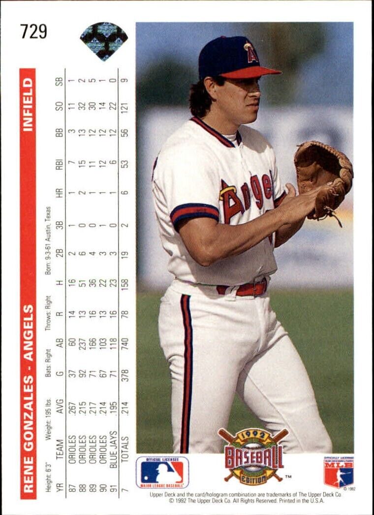 Rene Gonzales 1992 Upper Deck MLB #729 Baseball Card California Angels