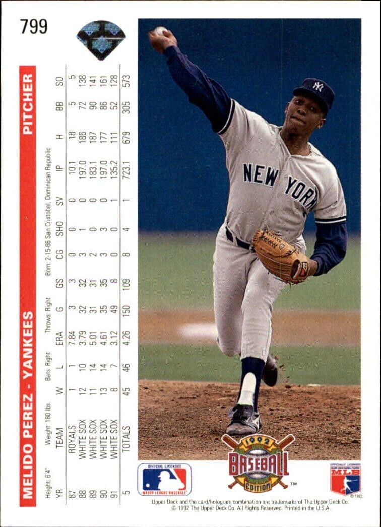 Melido Perez 1992 Upper Deck MLB #799 Baseball Card New York Yankees