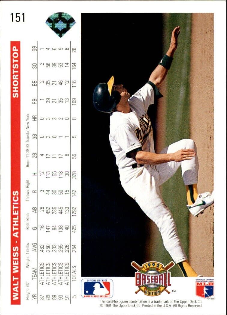 Walt Weiss 1992 Upper Deck MLB #151 Baseball Card Oakland Athletics