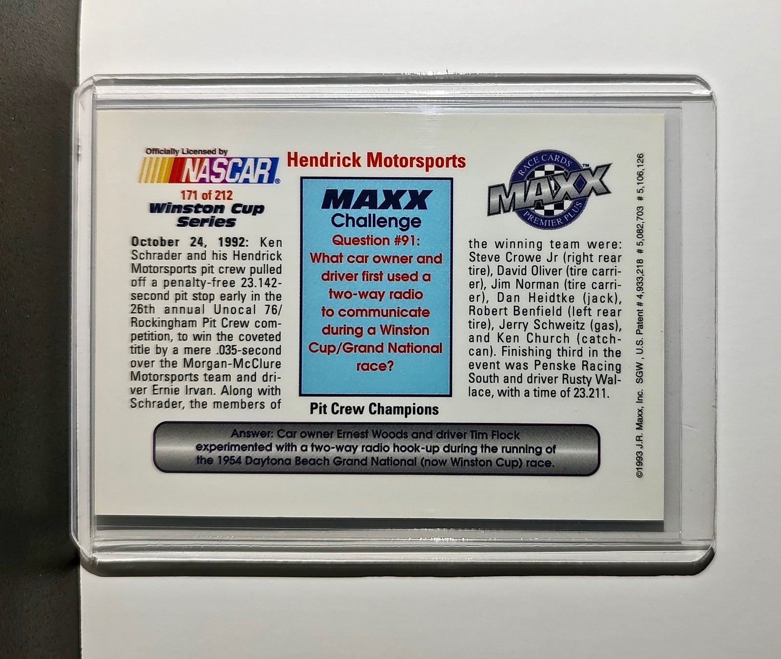 Winston Cup Pit Crew Champs 1993 Maxx Premier Plus Racing #171 NASCAR Card