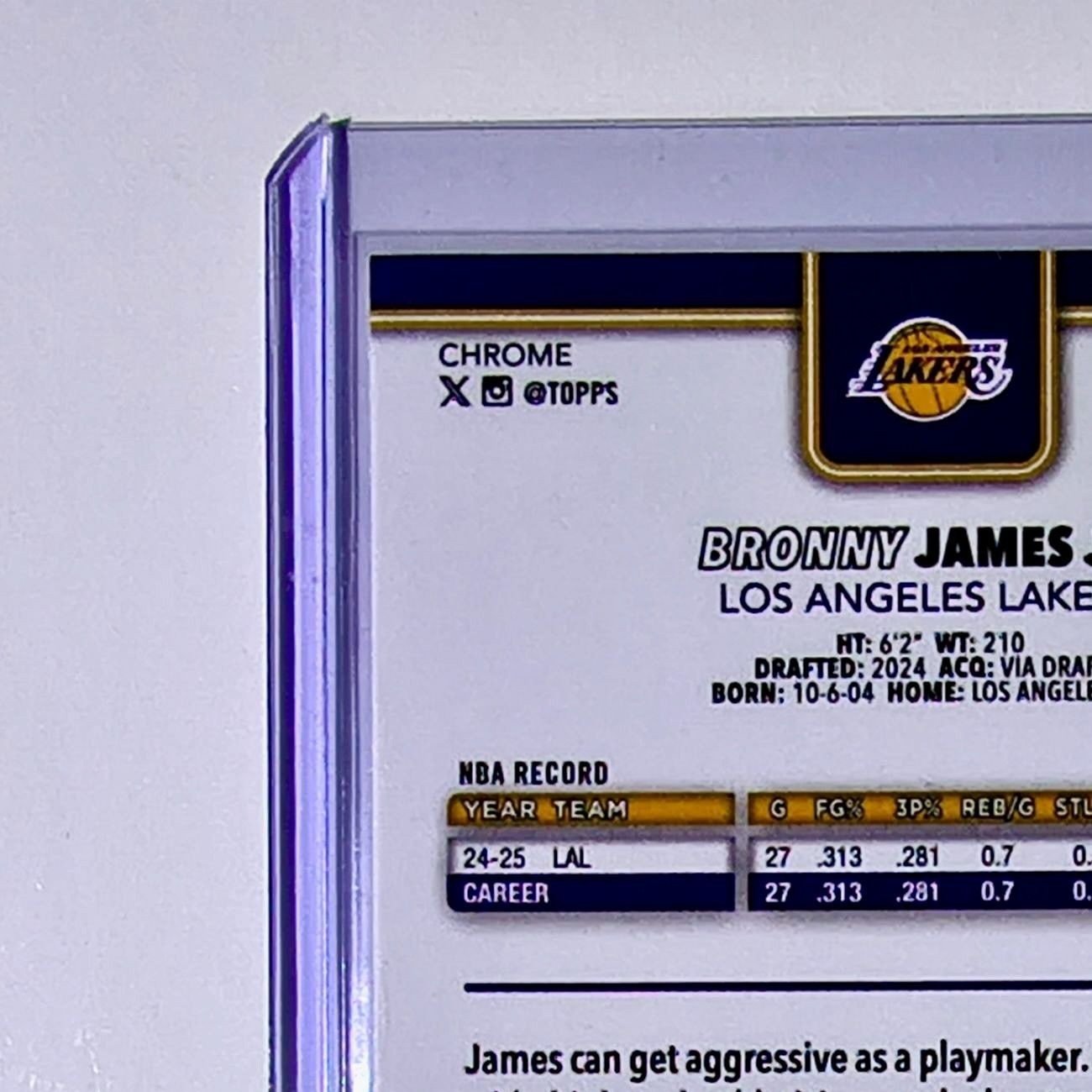 Bronny James Jr. 2025-26 NBA Topps Chrome Update #103 Card Los Angeles Lakers