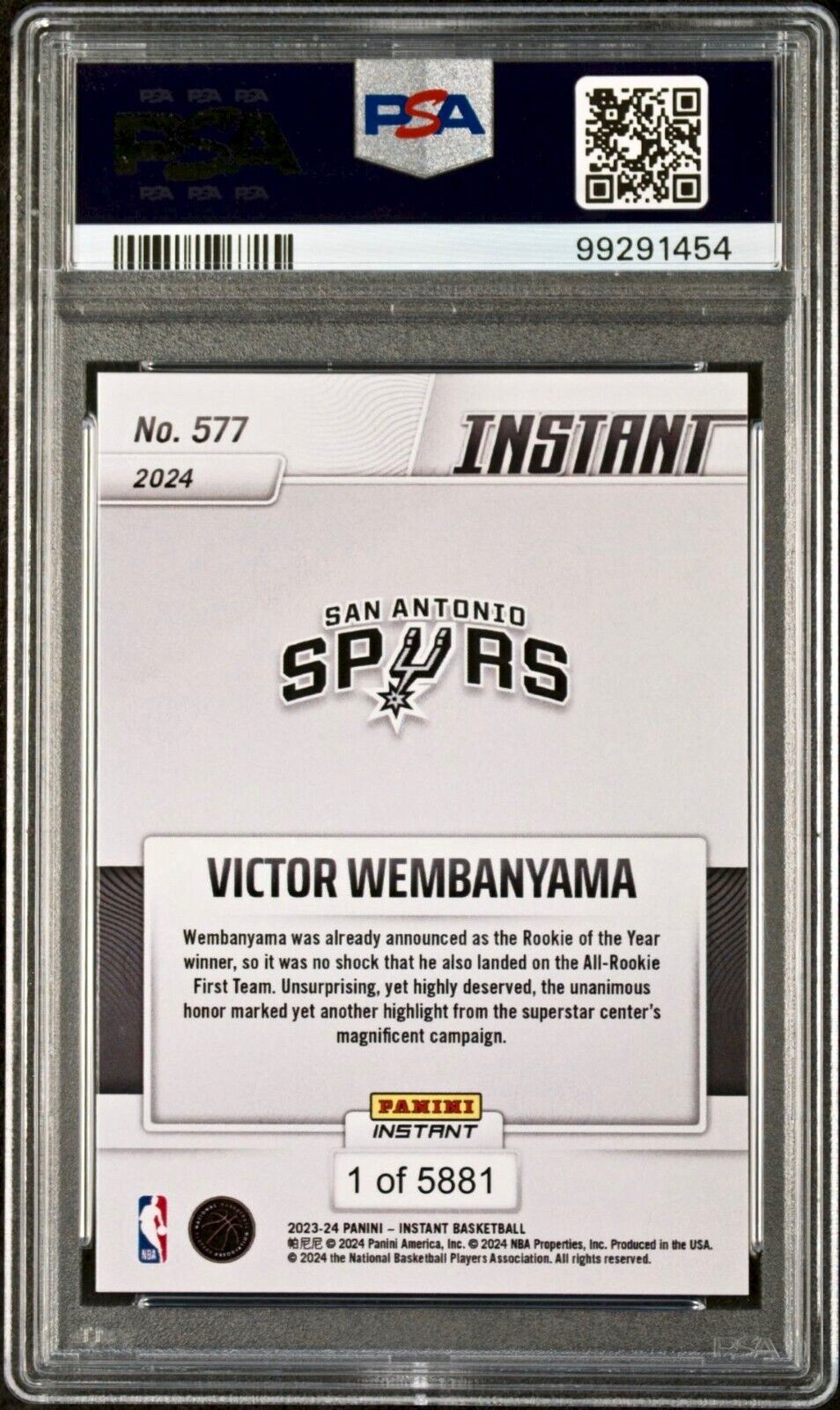 Victor Wembanyama 2023 Panini NBA All-Rookie 1st Team 577 Rookie Card PSA 9 Mint