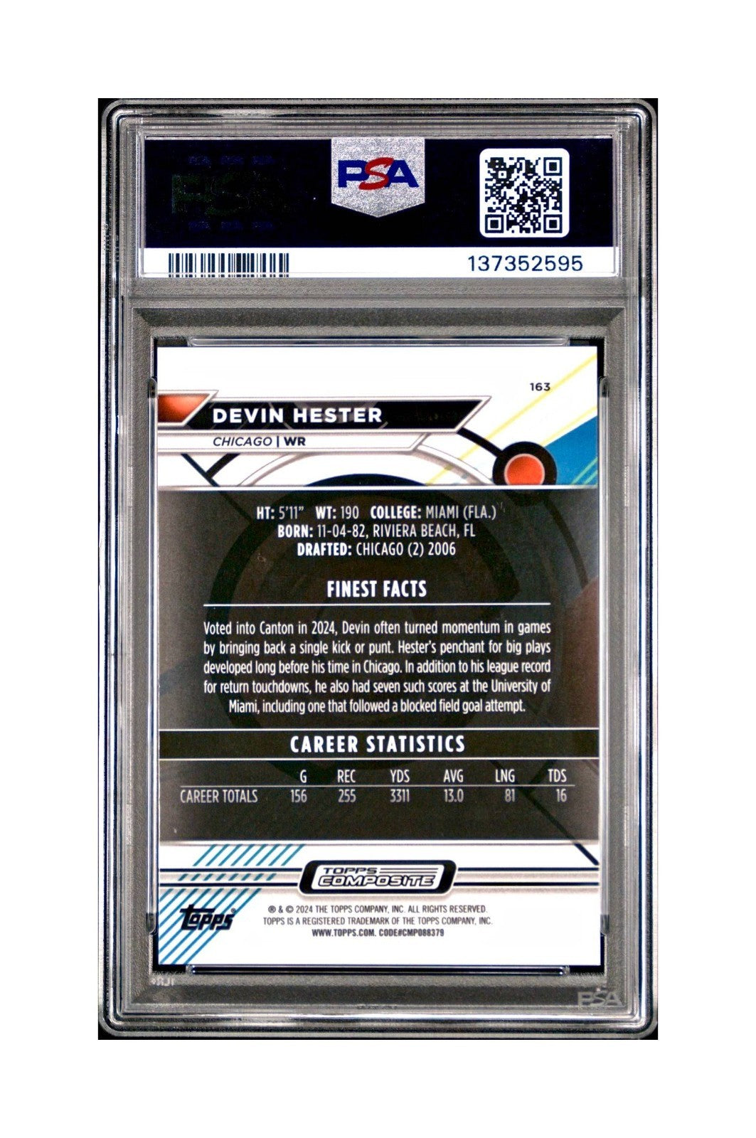 Devin Hester 2023 Topps Finest 325/325 #163 Sky Blue Refractor PSA 9 Mint