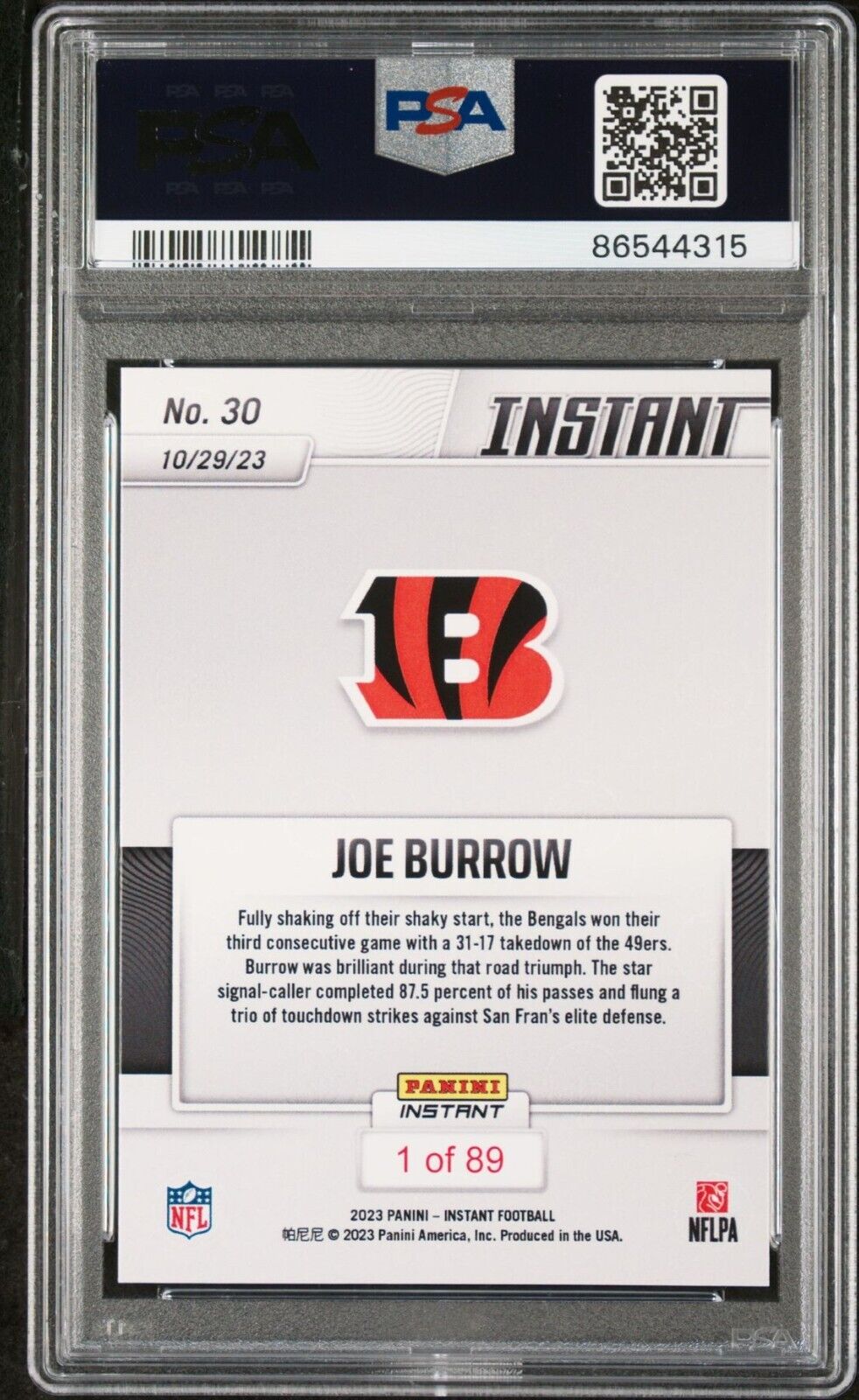 Joe Burrow 2023 Panini NFL Football #30 Card 1 of 89 Bengals PSA 8 NM-MT