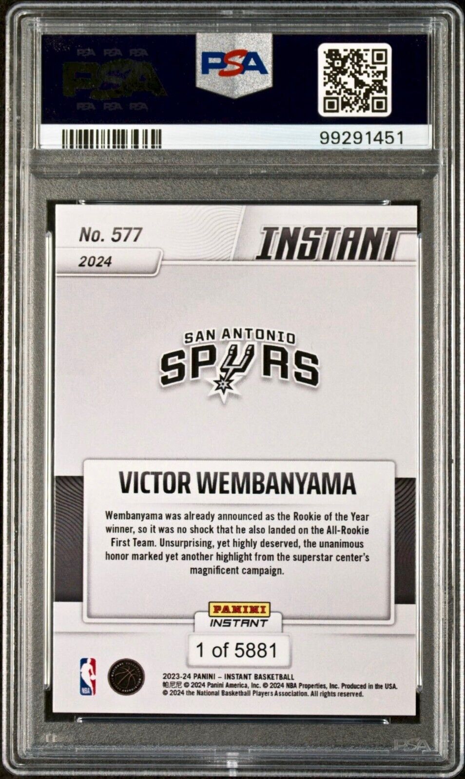 Victor Wembanyama 2023 Panini NBA All-Rookie 1st Team 577 Rookie Card PSA 9 Mint